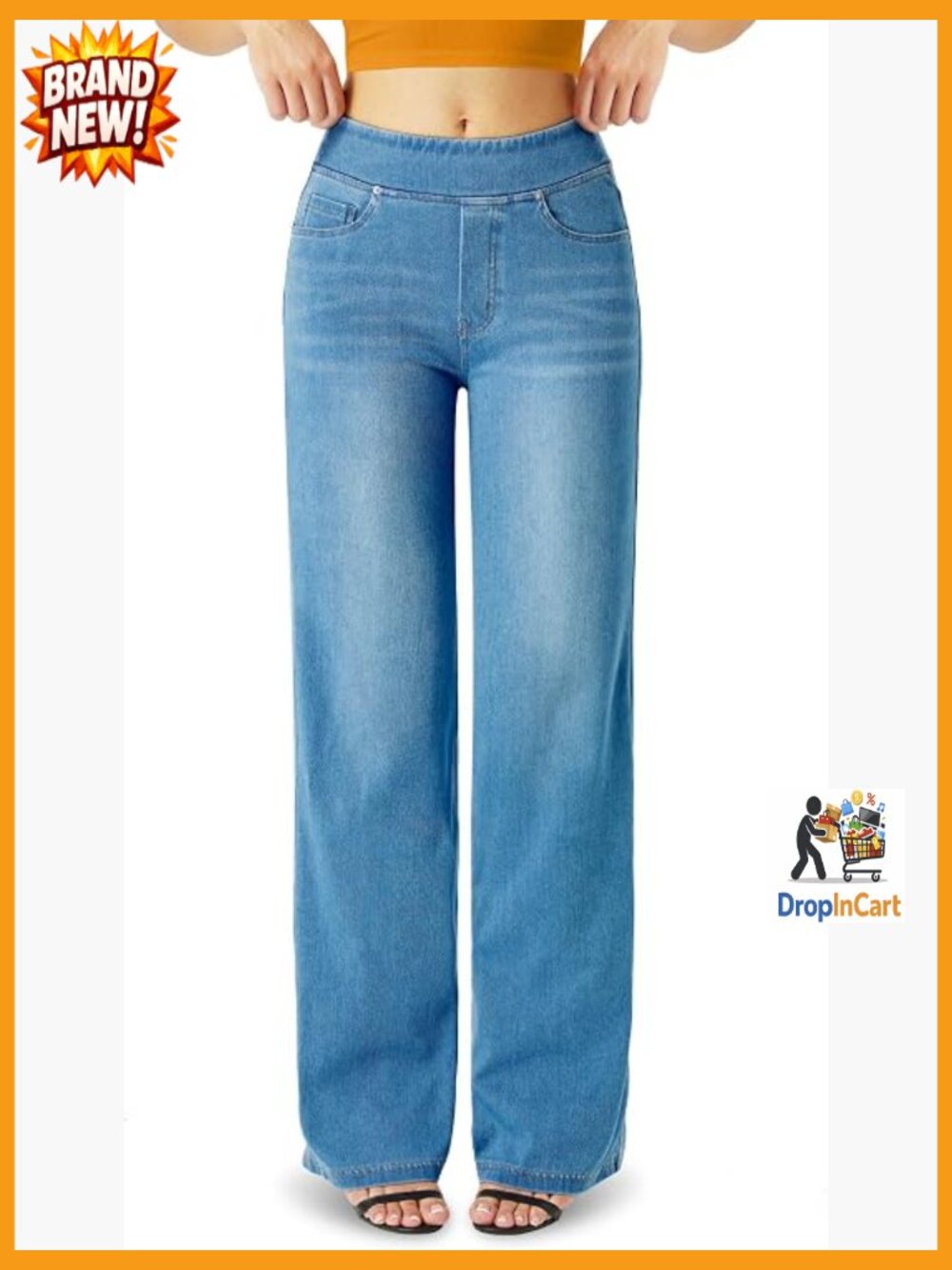 High Waisted Straight Leg Jeans Stretch Knit Denim Wide Leg Pants Relaxed Fit